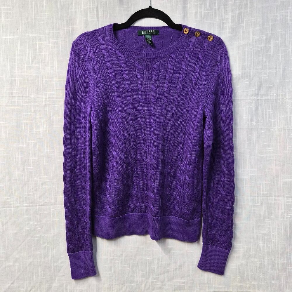 Lauren Ralph Lauren Purple Cable Knit Sweater Womens Button Shoulder Size M